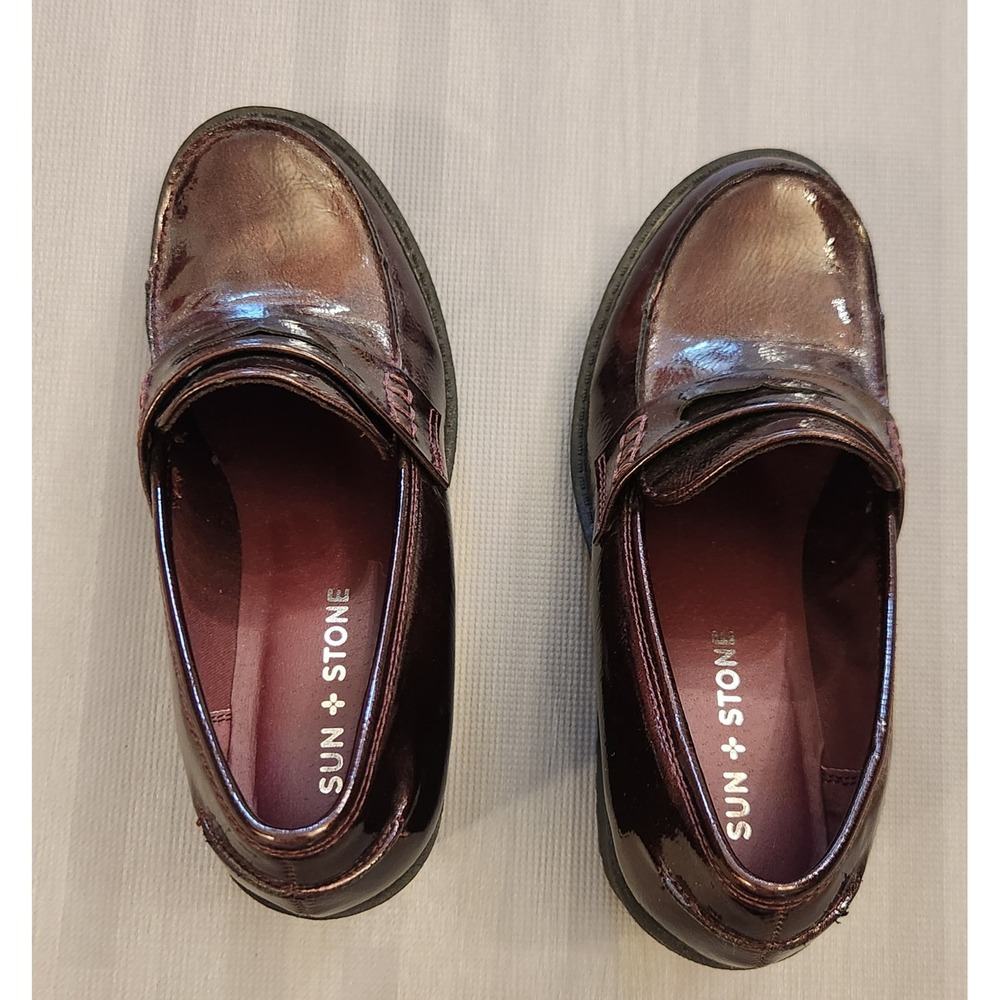 Sun + Stone Maydee Burgundy Patent Chunky Block Heel Penny Loafers Lug Sole 6.5M - Picture 6 of 8